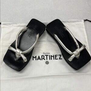 Souliers Martinez Black Leather Sandals Silver Knotted Straps w/dust bag & box